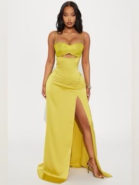Fashion Nova Yellow Cutout Maxi Gown with High Slit